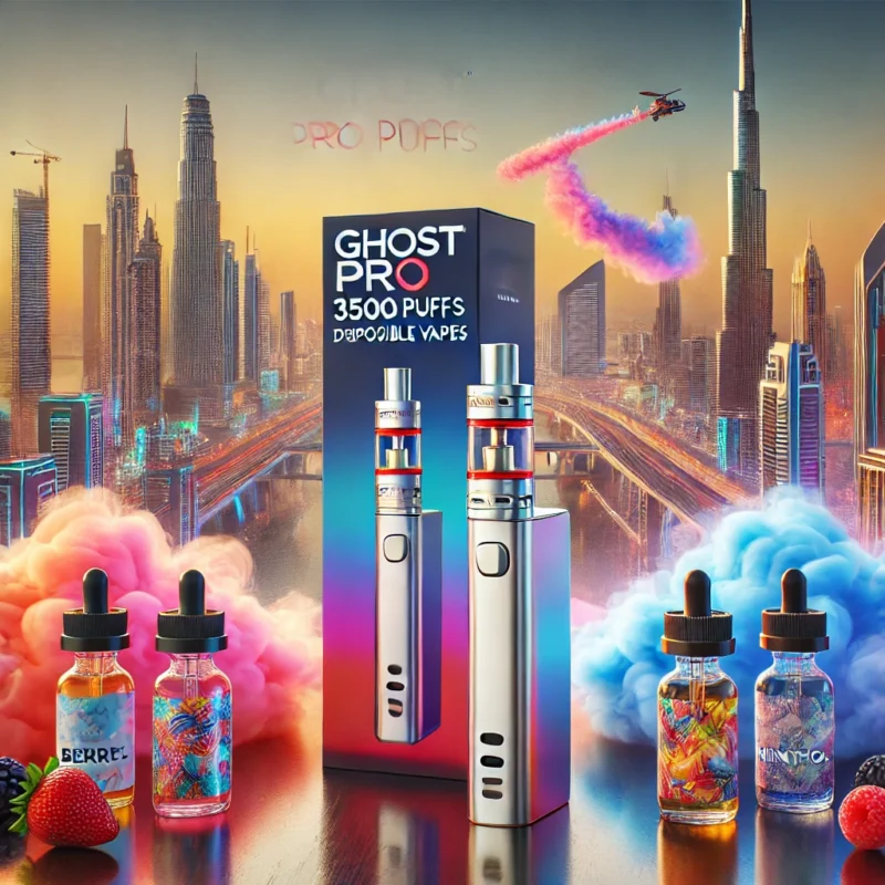 DALL·E 2024 11 17 18.29.03 A high quality visual representation of the Ghost Pro 3500 Puffs disposable vape in Dubai. The image showcases the sleek and modern design of the devi