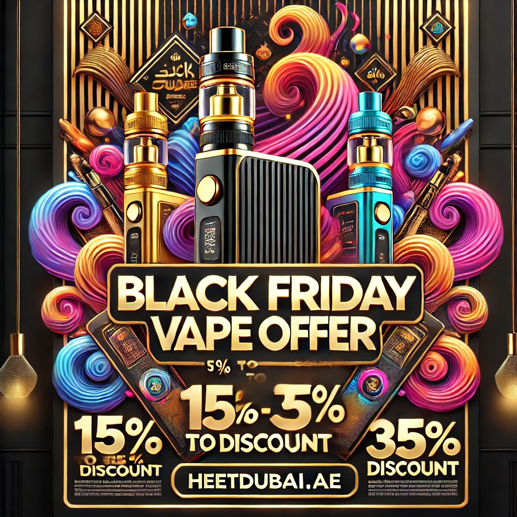 DALL·E 2024 12 06 06.34.03 A vibrant and festive promotional banner for a Black Friday vape sale in Dubai UAE featuring bold text that says Black Friday Vape Offer 15 to 3